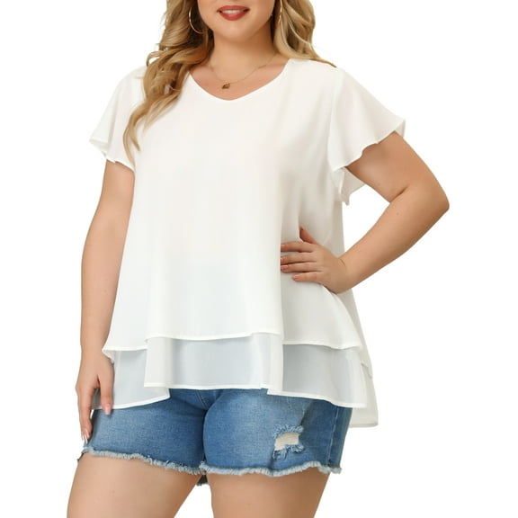 Agnes Orinda Women's Plus Size Chiffon Top Ruffle Short Sleeves V Neck Double Layered Hem Casual Blouses 4X White