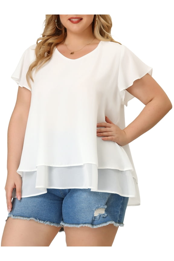 Women's Plus Size Chiffon Top Ruffle Short Sleeves V Neck Double Layered Hem Casual Blouses 4X White