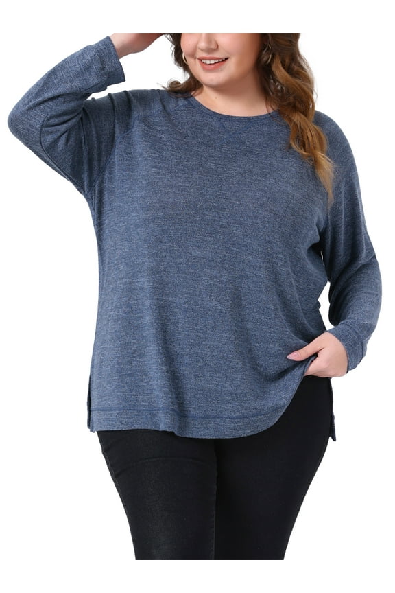 Plus Size Sweatshirts for Women 2025 Fall Side Split Long Sleeve Crew Neck Casual Pullover Loose Knit Blouse Top 2X Dark Blue