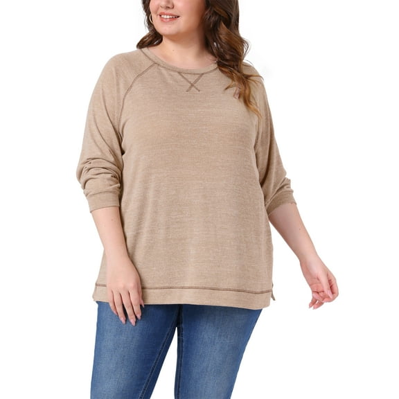 Plus Size Sweatshirts for Women 2025 Fall Side Split Long Sleeve Crew Neck Casual Pullover Loose Knit Blouse Top 3X Light Brown