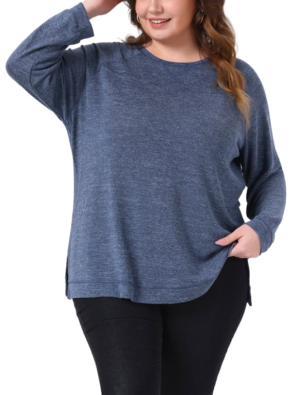 Women's Plus Size Sweatshirts Fall Side Split Long Sleeve Crew Neck Casual Pullover Knit Blouse Top 4X Dark Blue