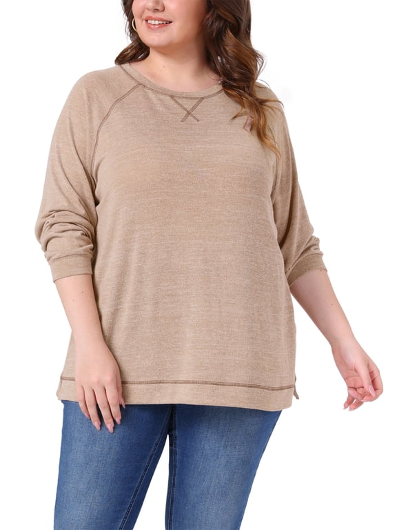 Women's Plus Size Sweatshirts Fall Side Split Long Sleeve Crew Neck Casual Pullover Knit Blouse Top 4X Light Brown