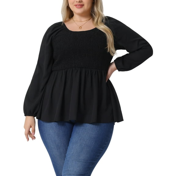 Agnes Orinda Women's Plus Size Top Smocked Peplum Crew Neck Long Sleeve Babydoll Chiffon Blouses Tops 3X Black