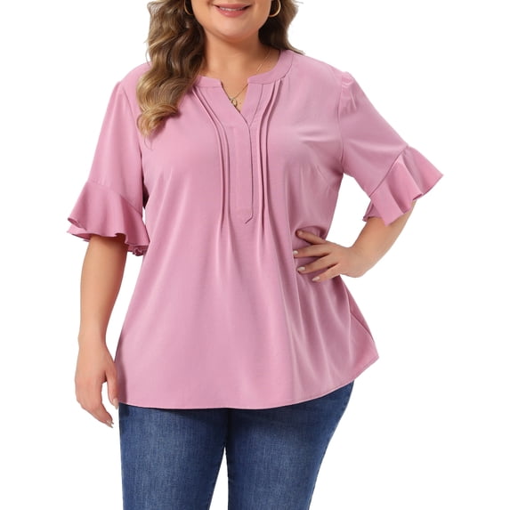 Agnes Orinda Women's Plus Size Top V Neck Ruffle Short Sleeve Casual Chiffon Blouse Shirt 2X Pink