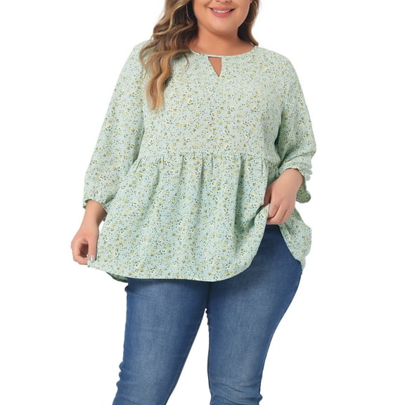 Agnes Orinda Women's Plus Size Tops Babydoll Keyhole Ruffle 3/4 Sleeve Floral Blouses 1X Light Green