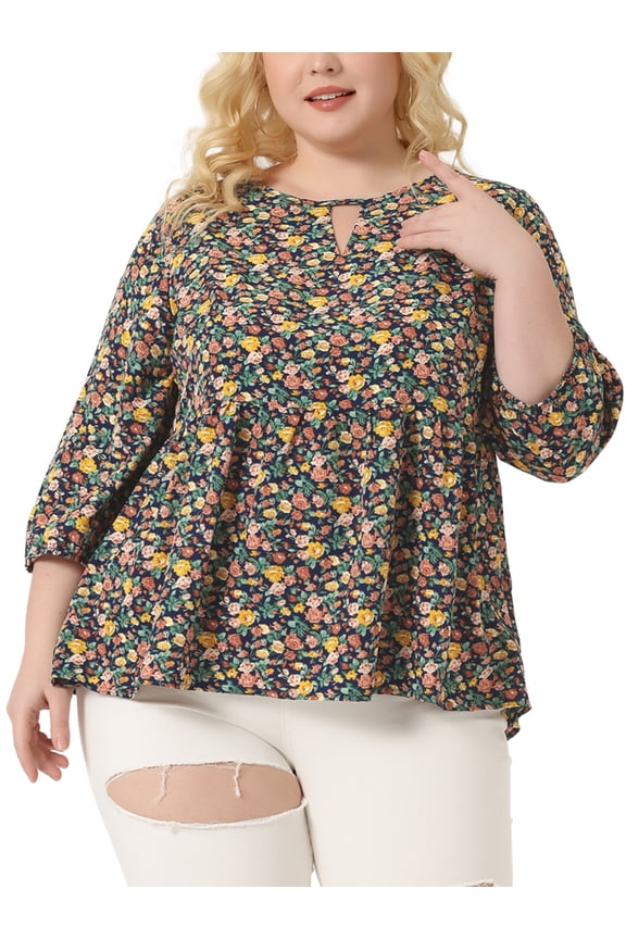 Women's Plus Size Mother's Day Tops Babydoll Keyhole Ruffle 3/4 Sleeve Floral Blouses 2X Navy Blue