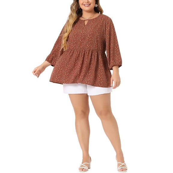 Agnes Orinda Women's Plus Size Tops Babydoll Keyhole Ruffle 3/4 Sleeve Floral Blouses 2X Red Brown