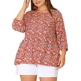 thumbnail image 1 of Agnes Orinda Women's Plus Size Tops Babydoll Keyhole Ruffle 3/4 Sleeve Floral Blouses 2X Red, 1 of 6