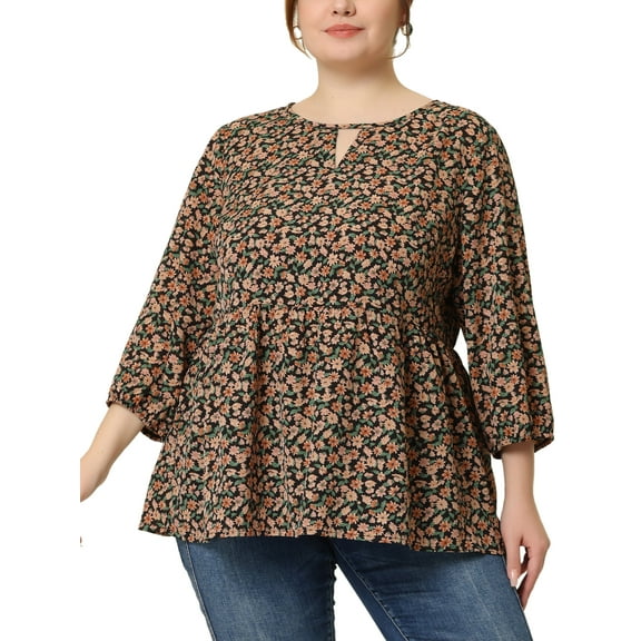 Agnes Orinda Women's Plus Size Tops Babydoll Keyhole Ruffle 3/4 Sleeve Floral Blouses 3X Black Beige