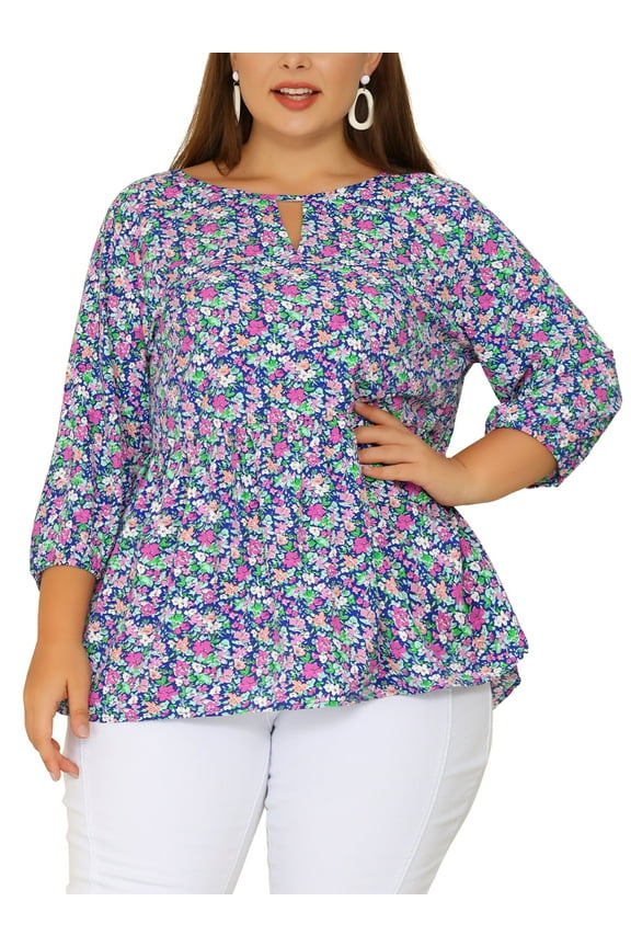 Women's Plus Size Tops Babydoll Keyhole Ruffle 3/4 Sleeve Floral Blouses 3X Blue