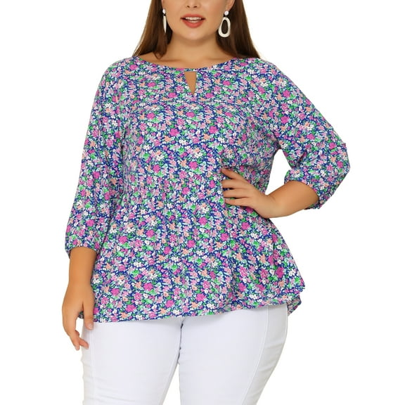Agnes Orinda Women's Plus Size Tops Babydoll Keyhole Ruffle 3/4 Sleeve Floral Blouses 3X Blue