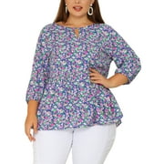 Agnes Orinda Women's Plus Size Tops Babydoll Ruffle Peplum Keyhole 3/4 Sleeves Floral Blouses 4X Blue