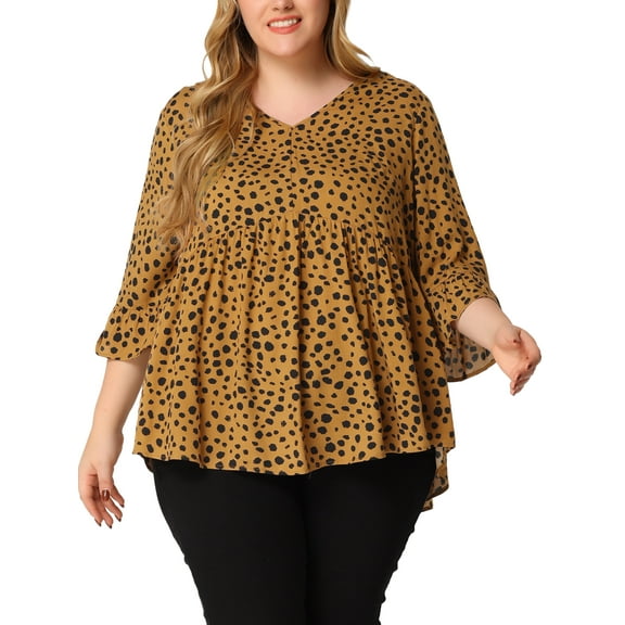 GRACE & GRANDEUR Women's Plus Size Tops Polka Dots V Neck 3/4 Sleeves Peplum Hem Babydoll Blouses 1X Brown