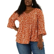 GRACE & GRANDEUR Women's Plus Size Tops 3/4 Sleeve V Neck Peplum Hem Polka Dots Babydoll Blouses 1X Orange