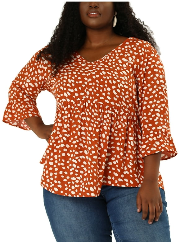 Women's Plus Size Tops Polka Dots V Neck 3/4 Sleeves Peplum Hem Babydoll Blouses 1X Orange