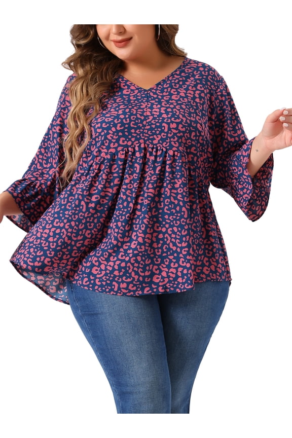Women's Plus Size Tops Polka Dots V Neck 3/4 Sleeves Peplum Hem Babydoll Blouses 2X Dark Blue