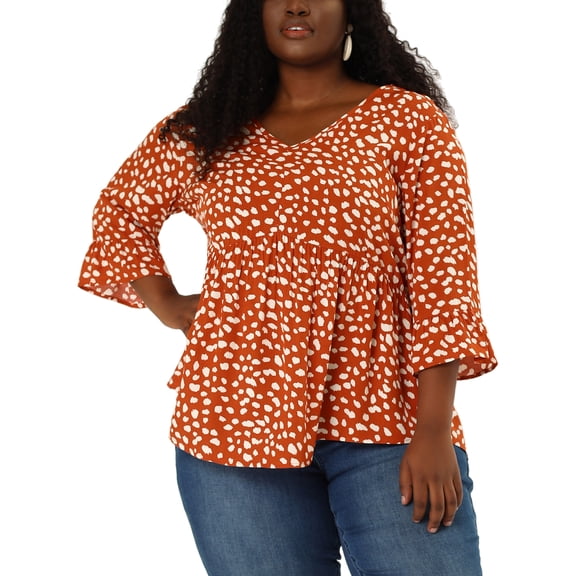 GRACE & GRANDEUR Women's Plus Size Tops Polka Dots V Neck 3/4 Sleeves Peplum Hem Babydoll Blouses 2X Orange