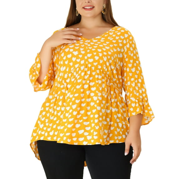 GRACE & GRANDEUR Women's Plus Size Tops Polka Dots V Neck 3/4 Sleeves Peplum Hem Babydoll Blouses 4X Yellow