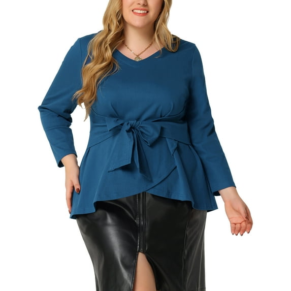 Agnes Orinda Women's Plus Size Tops Belted Knot Tie V Neck Long Sleeve Casual Knit Blouse 2X Blue