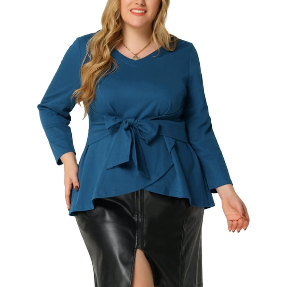 Agnes Orinda Women's Plus Size Tops Belted Knot Tie V Neck Long Sleeve Casual Knit Blouse 3X Blue