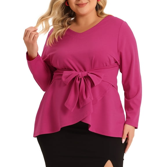 Agnes Orinda Women's Plus Size Tops Belted Knot Tie V Neck Long Sleeve Casual Knit Blouse 3X Hot Pink