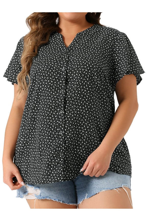 Women's Plus Size Tops Button Down Floral Short Sleeve Chiffon Summer Blouses 1X Black White