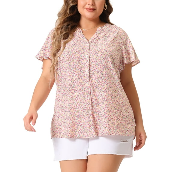 Agnes Orinda Women's Plus Size Tops Button Down Floral Short Sleeve Chiffon Summer Blouses 1X Pink