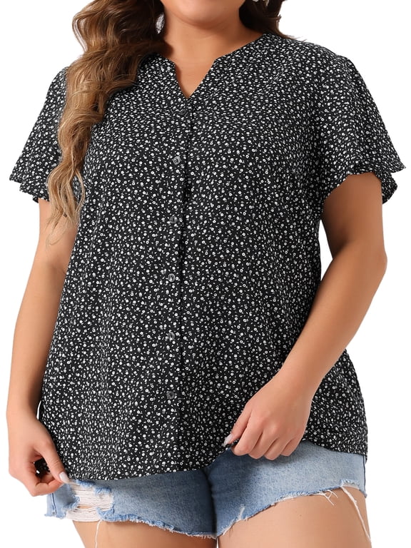 Women's Plus Size Tops Button Down Floral Short Sleeve Chiffon Summer Blouses 2X Black White