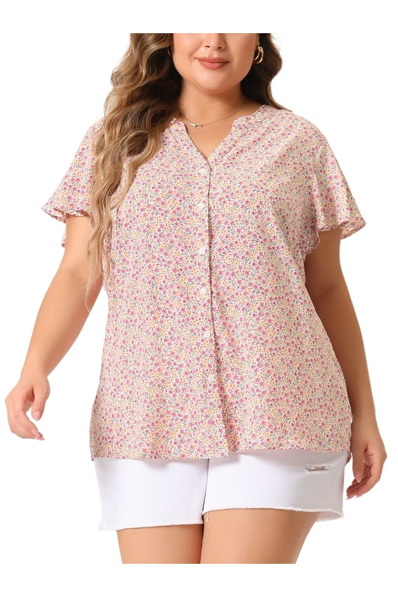 Women's Plus Size Tops Button Down Floral Short Sleeve Chiffon Summer Blouses 3X Pink