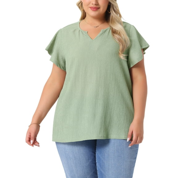 Agnes Orinda Women's Plus Size Tops Texture Notched V Neck Ruffle Sleeve Summer Casual Tee Blouses 1X Green