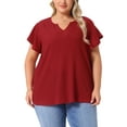 thumbnail image 1 of Agnes Orinda Women's Plus Size Tops Texture Notched V Neck Ruffle Sleeve Summer Casual  Tee Blouses 3X Red, 1 of 5