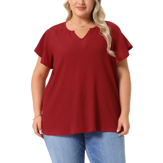 Agnes Orinda Women's Plus Size Tops Texture Notched V Neck Ruffle Sleeve Summer Casual Tee Blouses 4X Red