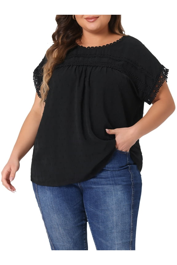 Women's Plus Size Tops Chiffon Swiss Dots Short Sleeves Lace Crochet Pleated Blouse 5X Black