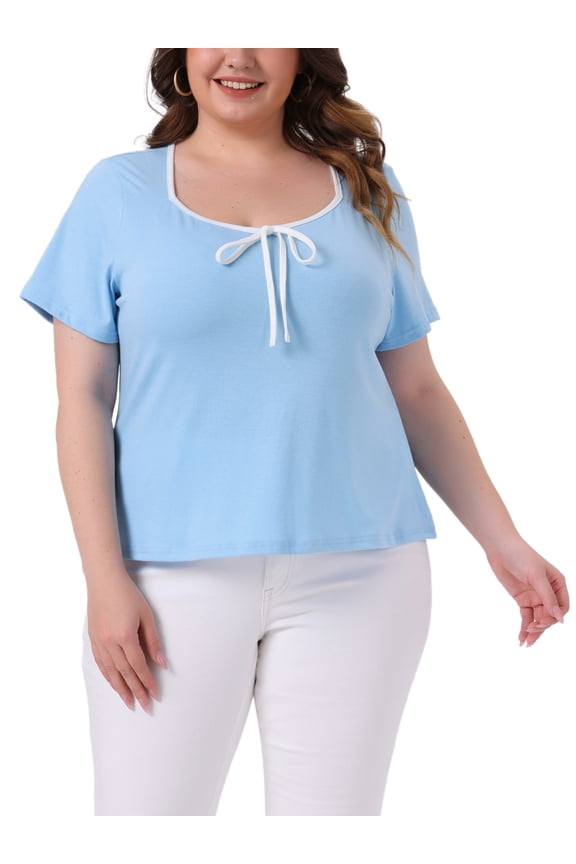Women's Plus Size Tops Contrast Trim Tie Knot Square Neck Short Sleeve T-Shirts Casual Blouses 2X Sky Blue