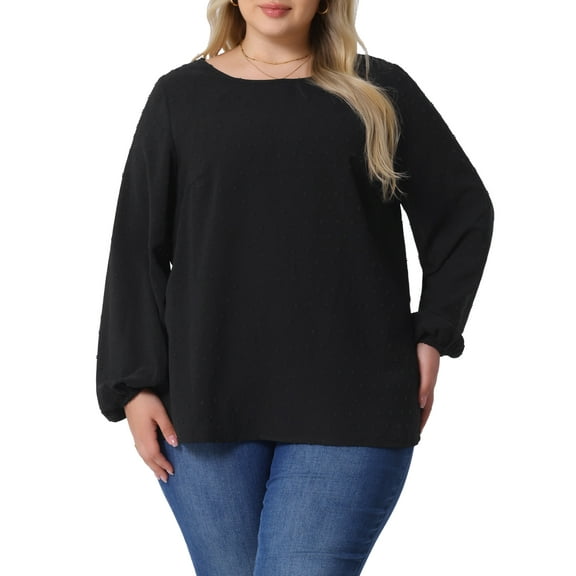 Agnes Orinda Women's Plus Size Tops Crew Neck Chiffon Blouses Swiss Dots Long Sleeve Shirts Top 1X Black