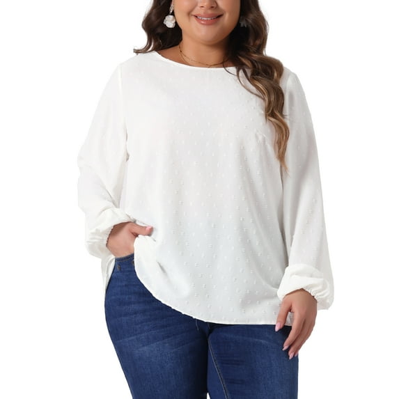 Agnes Orinda Women's Plus Size Tops Crew Neck Chiffon Blouses Swiss Dots Long Sleeve Shirts Top 2X White