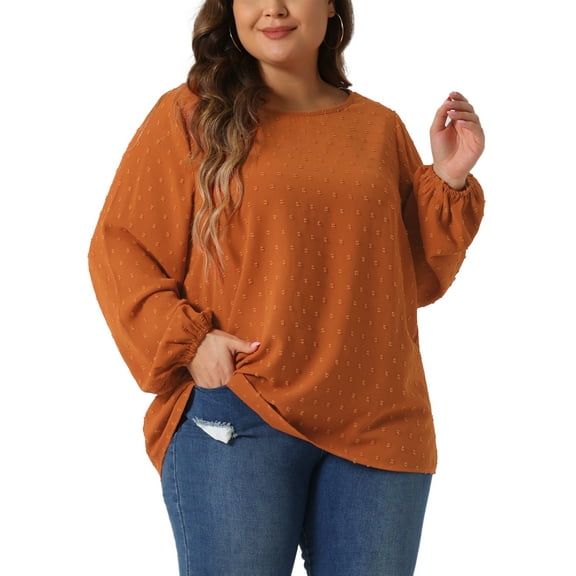 Agnes Orinda Women's Plus Size Tops Crew Neck Chiffon Blouses Swiss Dots Long Sleeve Shirts Top 3X Caramel