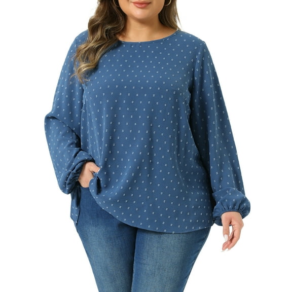 Agnes Orinda Women's Plus Size Tops Crew Neck Chiffon Blouses Swiss Dots Long Sleeve Shirts Top 3X Gray Blue