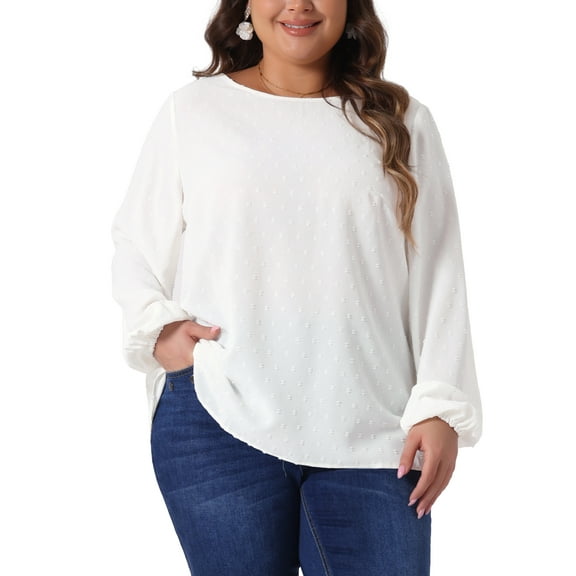 Agnes Orinda Women's Plus Size Tops Crew Neck Chiffon Blouses Swiss Dots Long Sleeve Shirts Top 3X White
