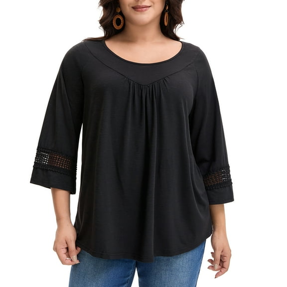 Agnes Orinda Women's Plus Size Tops Crochet Panel Hollow Out Crew Neck Long Sleeve Pleated Casual Tunics Blouse 3X Black