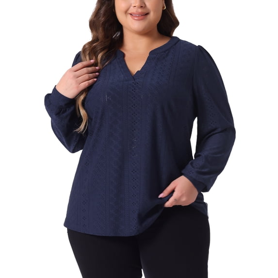 Agnes Orinda Women's Plus Size Tops Dressy Casual V Neck Long Sleeve Hollow Blouses Trendy T Shirts Loose Tunic 3X Navy Blue
