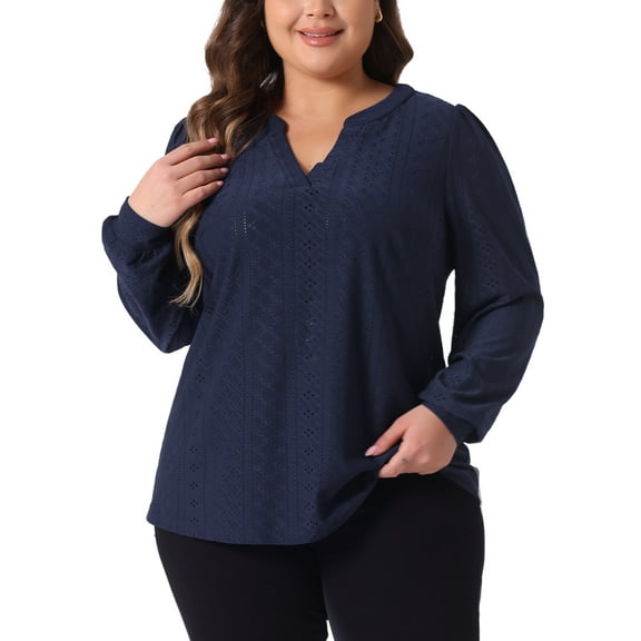 Agnes Orinda Women's Plus Size Tops Dressy Casual V Neck Long Sleeve Hollow Blouses Trendy T Shirts Loose Tunic 4X Navy Blue