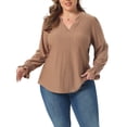 thumbnail image 1 of Agnes Orinda Women's Plus Size Tops Eyelet Hollow Out Notched V Neck Ruffle Long Sleeve Casual Tunic Blouses 2X Brown, 1 of 6