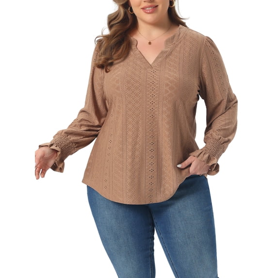 Agnes Orinda Women's Plus Size Tops Eyelet Hollow Out Notched V Neck Ruffle Long Sleeve Casual Tunic Blouses 2X Brown