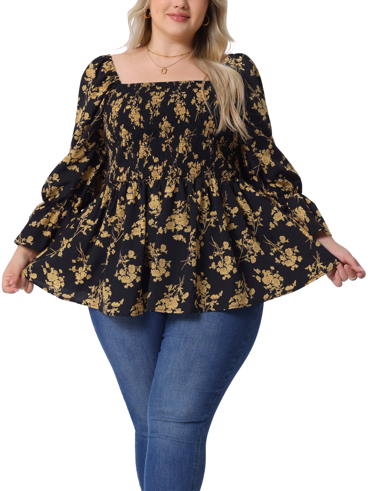 Agnes Orinda Women's Plus Size Tops Floral Print Square Neck Long ...
