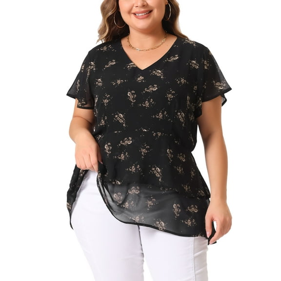 Agnes Orinda Summer Tops for Women 2024 Plus Size V Neck Short Sleeve Layered Casual Floral Blouse 3X Dark Black