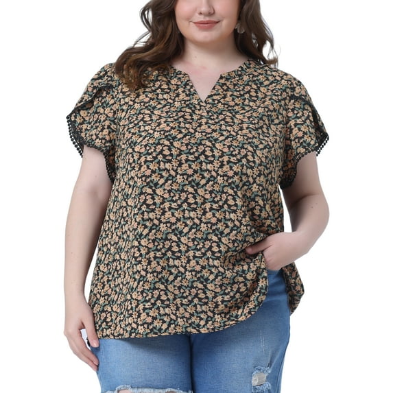 Agnes Orinda Women's Plus Size Easter Tops Floral V Neck Tulip Short Sleeve Blouses Summer Tunic Tops 1X Black