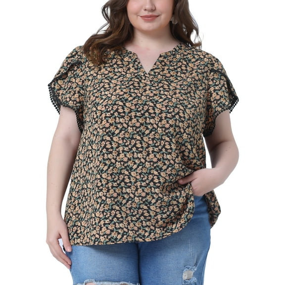 Agnes Orinda Women's Plus Size Tops Floral V Neck Tulip Short Sleeve Blouses Summer Tunic Tops 2X Black