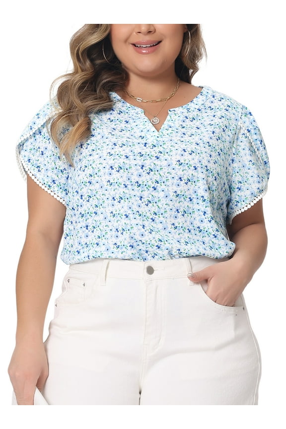 Women's Plus Size Easter Tops Floral V Neck Tulip Short Sleeve Blouses Summer Tunic Tops 2X Blue