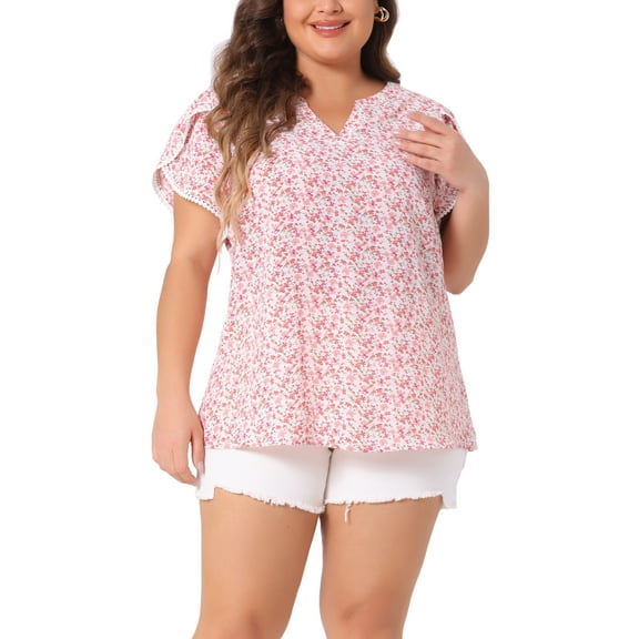 Agnes Orinda Women's Plus Size Tops Floral V Neck Tulip Short Sleeve Blouses Summer Tunic Tops 4X Pink